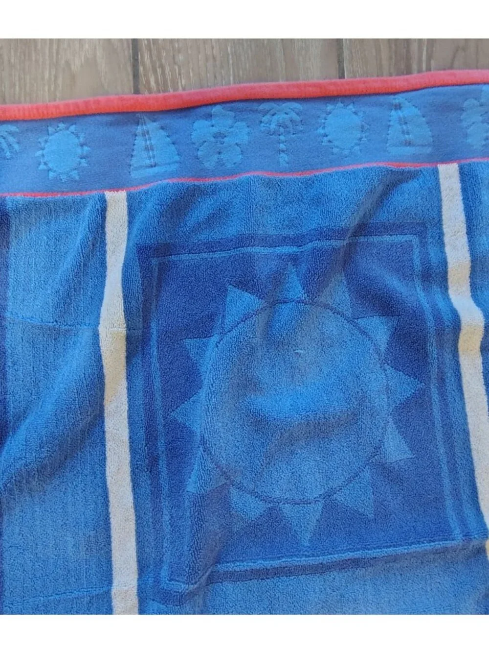 Vintage Egyptian Cotton Beach Bath Towel, Red Blue Palm Tree Sailboat Egypt Sun